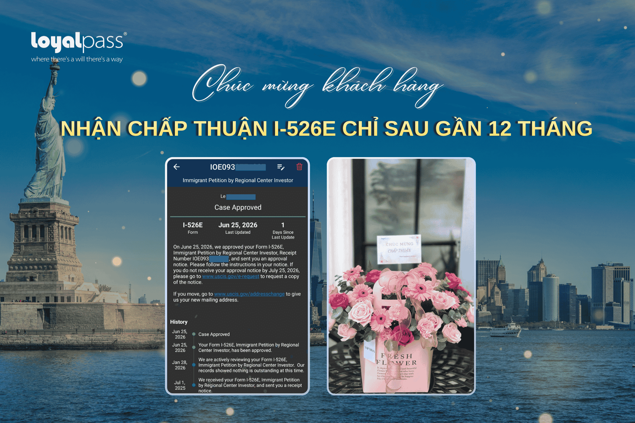 Chúc mừng khách hàng Loyalpass nhận chấp thuận I-526E chỉ sau chưa đầy 12 tháng!